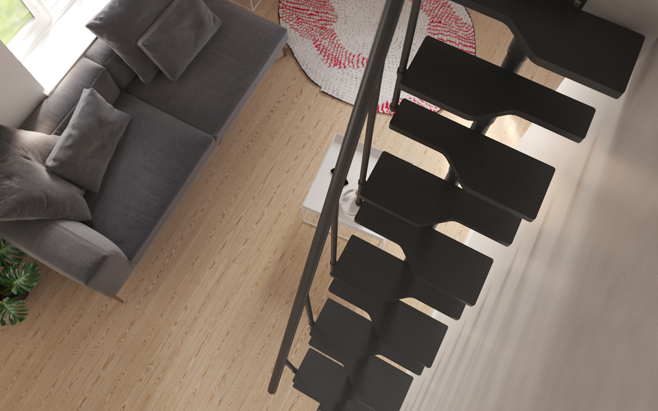 Escalera ahorra espacio antracita con peldaños alternos en una habitación juvenil.