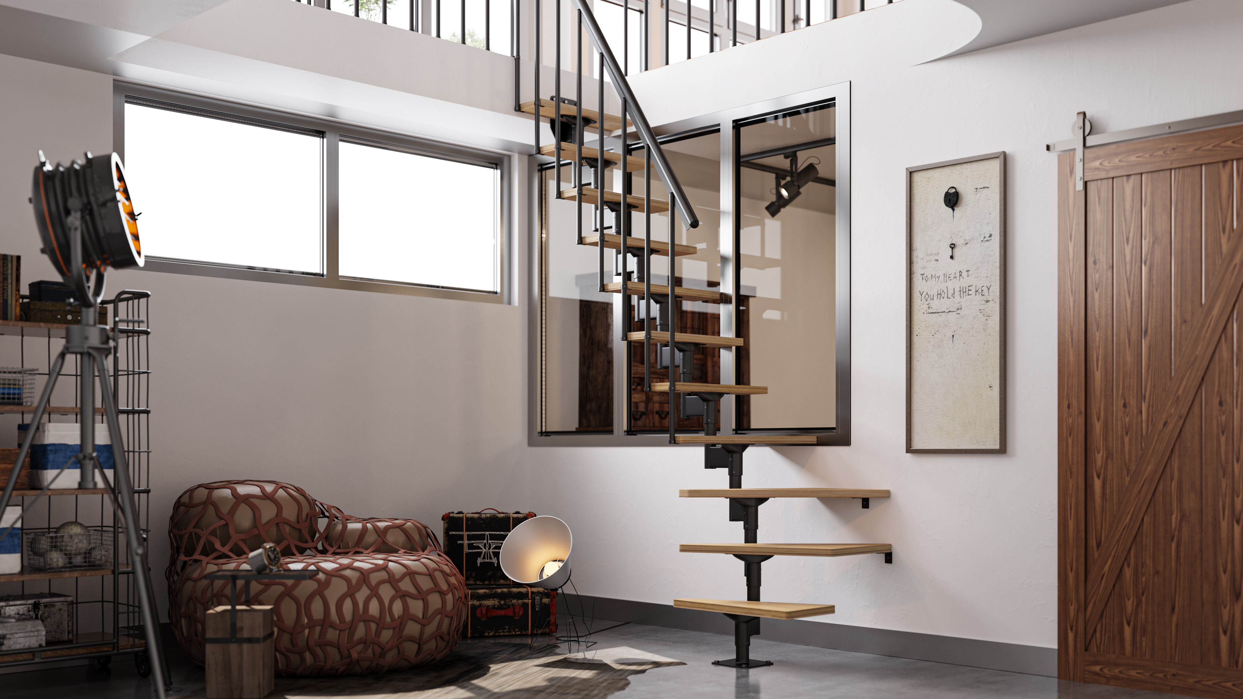 Escalera ahorra espacio negra en un estudio fotográfico.