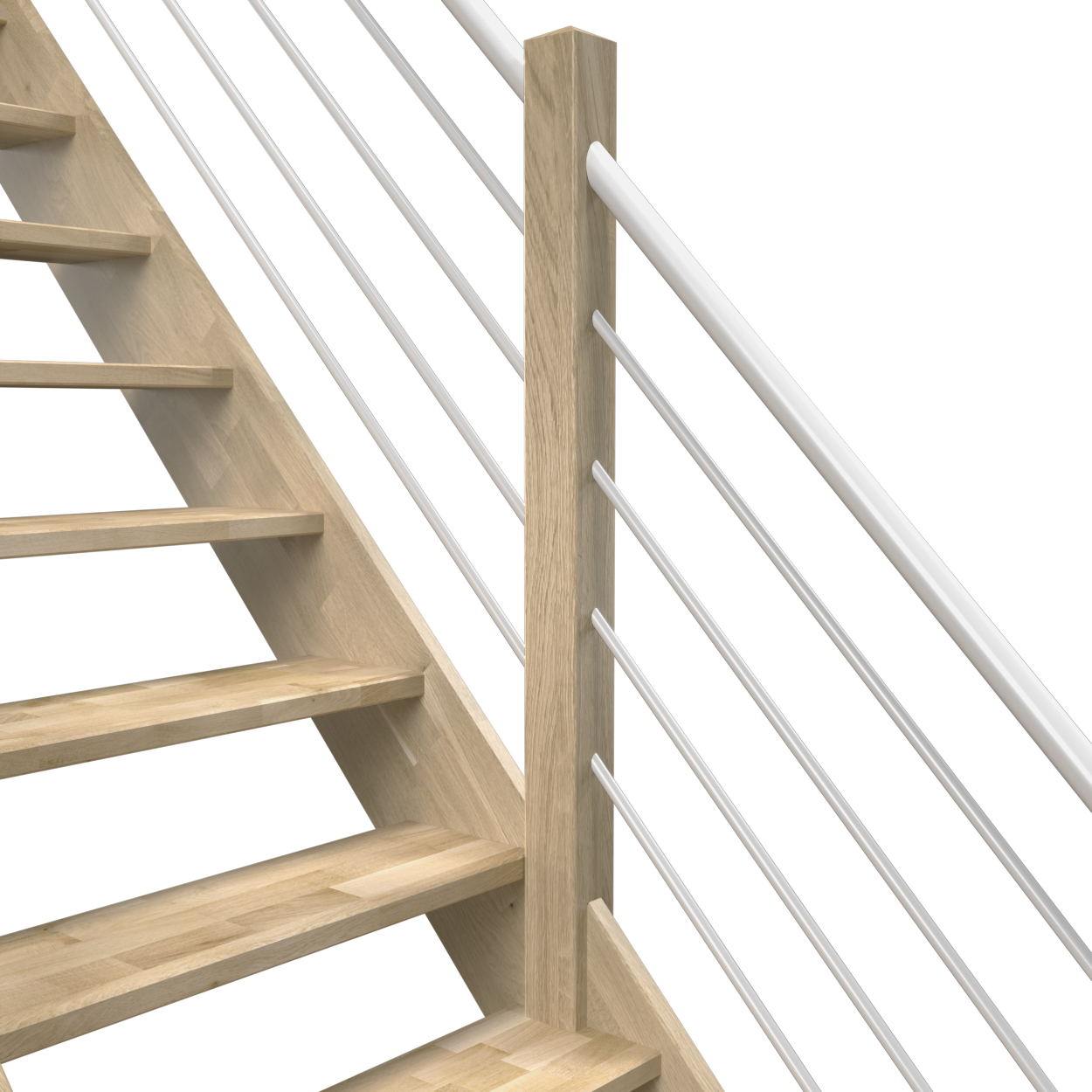 Imagen de una escalera con peldaños abiertos y una barandilla moderna con rieles de tubo de acero blanco horizontal, para un estilo limpio y minimalista.