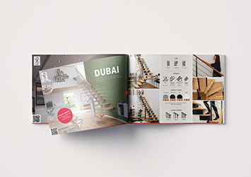 Imagen de un folleto con una escalera Dubai en la portada, con un logo rojo de SOGEM y un marco exterior.
